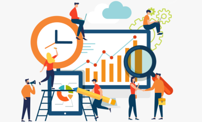 Przedstawia grafikę wektorową, na kt&oacute;rej trwa analizowanie czegoś przez grupę ludzi. 